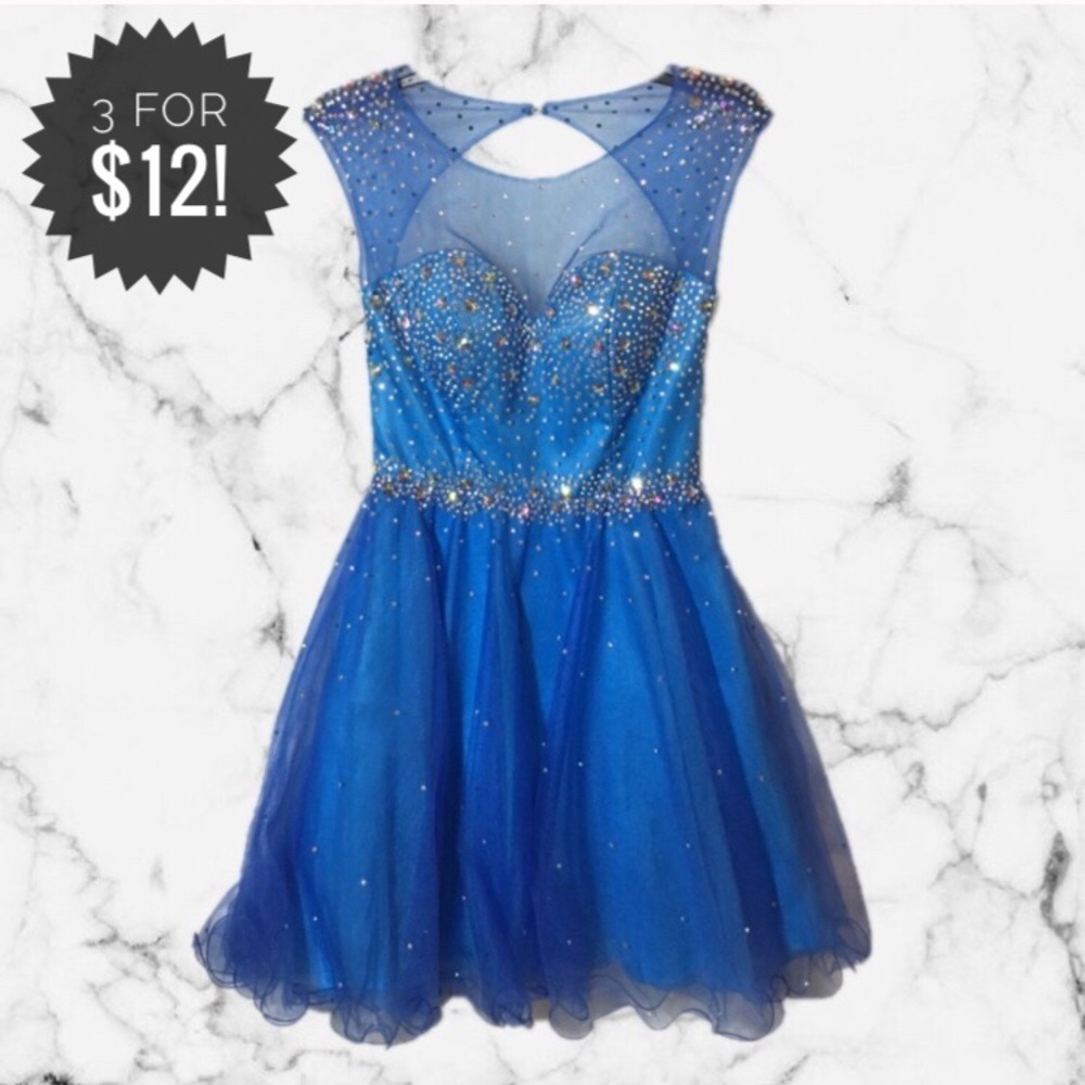 Beaded Blue Formal Dress with Mesh Neckline Detail